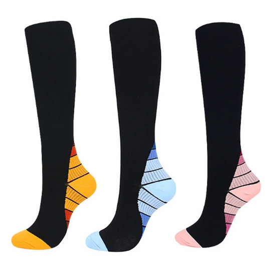 3 pairs Block Colored Knee-high Compression Socks 15-20mmhg Plain Cotton-Polyester Summer Winter