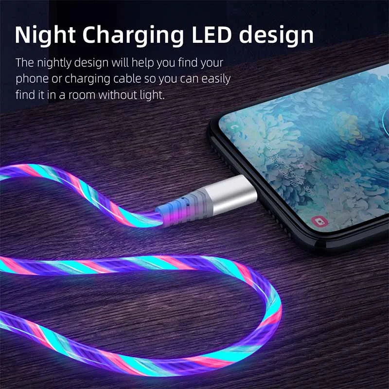 Flow Luminous USB Type C Cable 3A Fast Charging Data Cord for Samsung Xiaomi OPPO Huawei IPhone Charger Micro USB Wire LED Cable