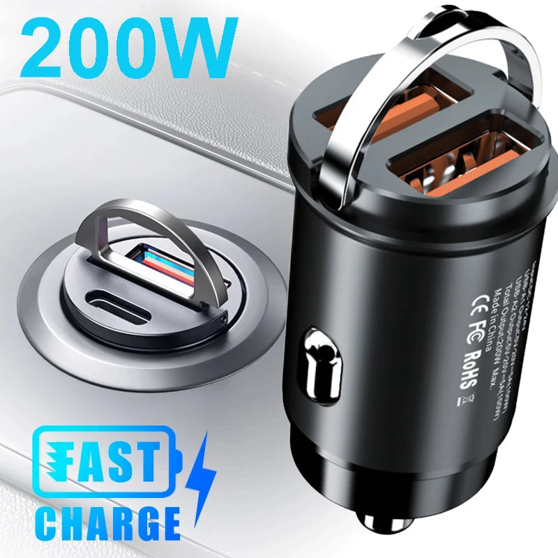 100W/200W QC3.0 PD Mini Car Charger 12-24V Lighter Fast Charging Car USB Type C Charger for Xiaomi Samsung Huawei iPhone Power